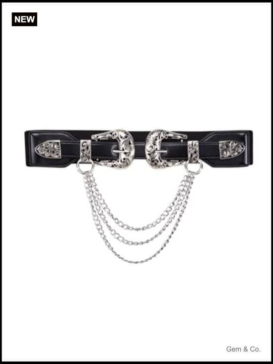 Vintage Western Adjustable Leather Belt with Double Buckle Chain main image 6